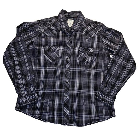 Panhandle Rough Stock Shirt Womens Lg Black Pearl Snap Silver Stud Western Rodeo - Picture 1 of 12